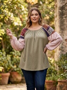 easel Olive Green Tunic with Pink Patchwork Sleeves